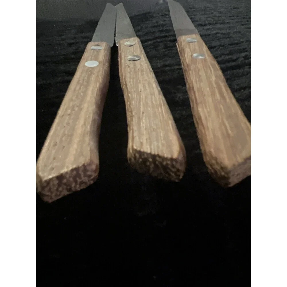 Vintage Knife Serrated Blade Wood Handle | 8” | Set of 3